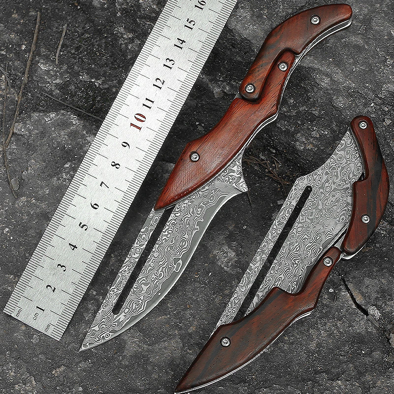 《冰城甄选》【机械刀】户外野营大马士革钢高硬度锋利折叠小直刀