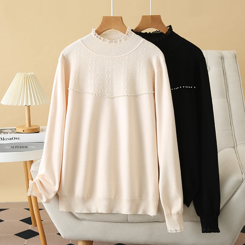 大码蕾丝拼接纯色半高领针织衫时尚保暖女装宽松百搭针织打底衫