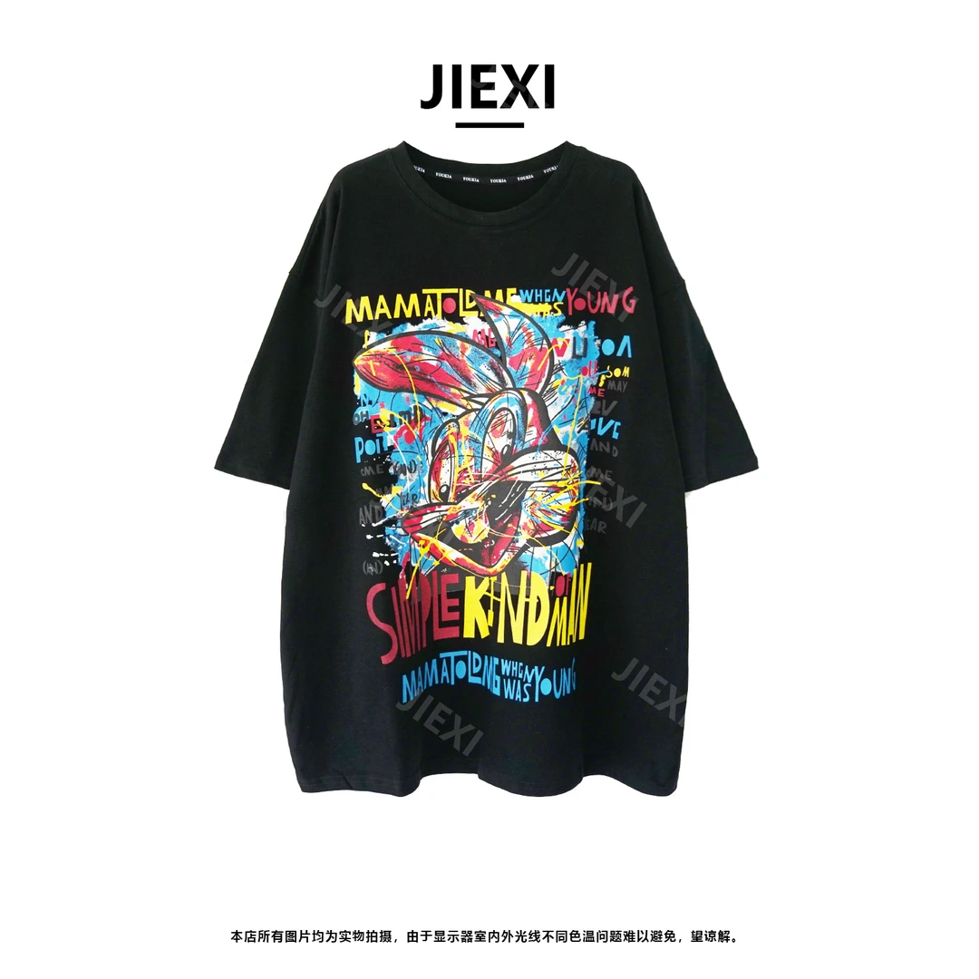JIEXI设计师潮牌大版型显瘦重工印花宽松短袖T恤jx3520