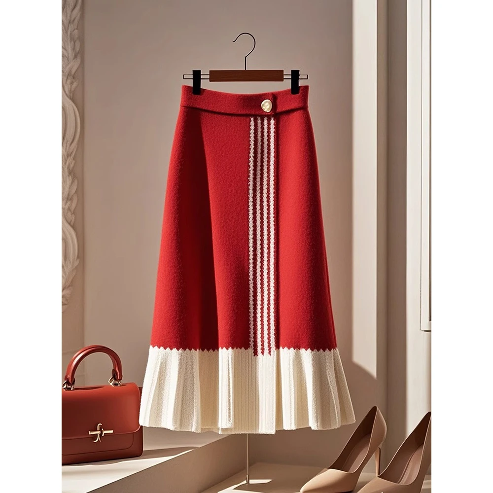 小个子高腰显瘦垂感裙子气质高级感减龄红色毛呢百褶半身裙女冬季