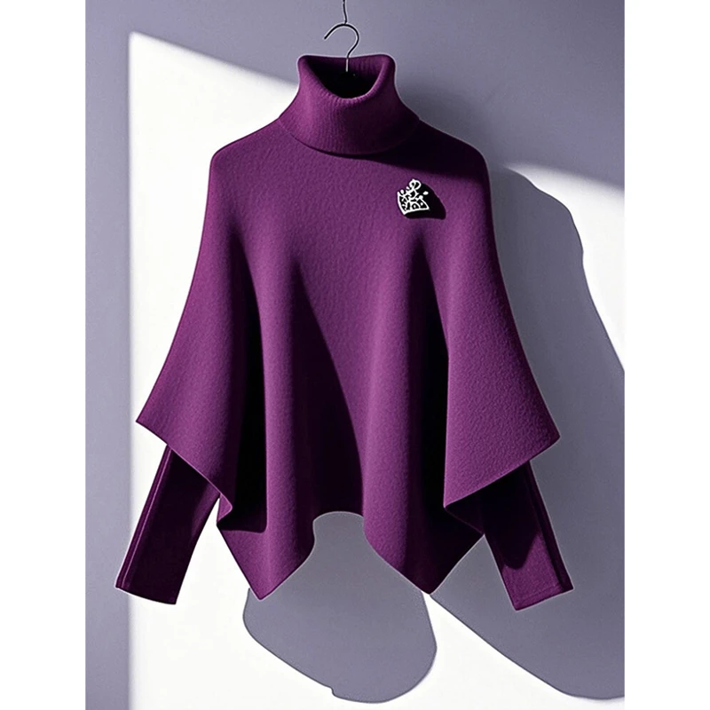 2024年冬季新款针织衫上衣慵懒高级感超好看紫色假两件斗篷毛衣女