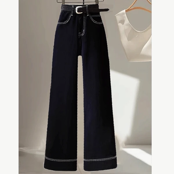 深蓝色直筒阔腿牛仔裤子秋季女装2024新款小个子宽松高腰显瘦长裤