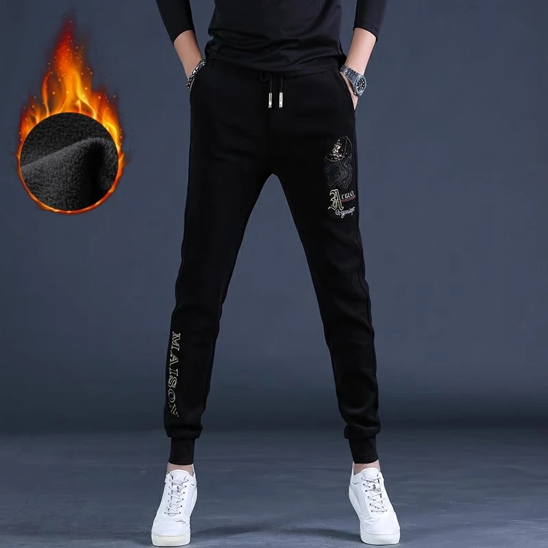男士加绒休闲裤男装韩版刺绣高端金丝绒长裤百搭弹力潮牌卫裤秋冬