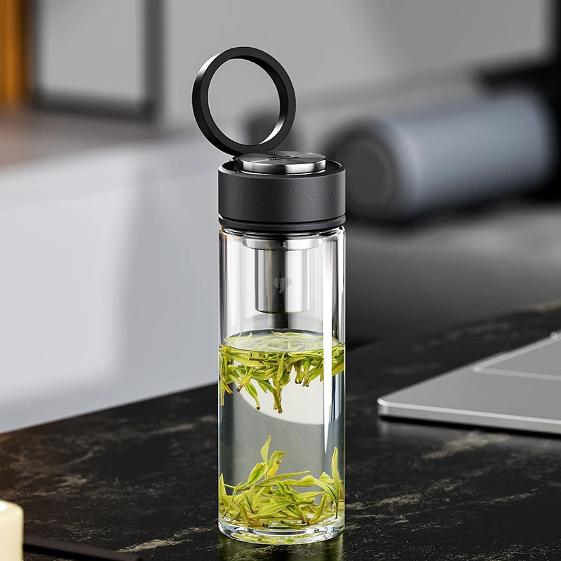 万象单层玻璃杯男女透明水杯车载办公泡茶杯便携茶杯户外加厚提环