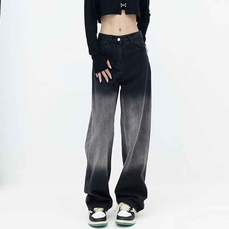 梨形身材黑色渐变牛仔裤男女秋冬新款胖妹妹mm高腰显瘦直筒阔腿长