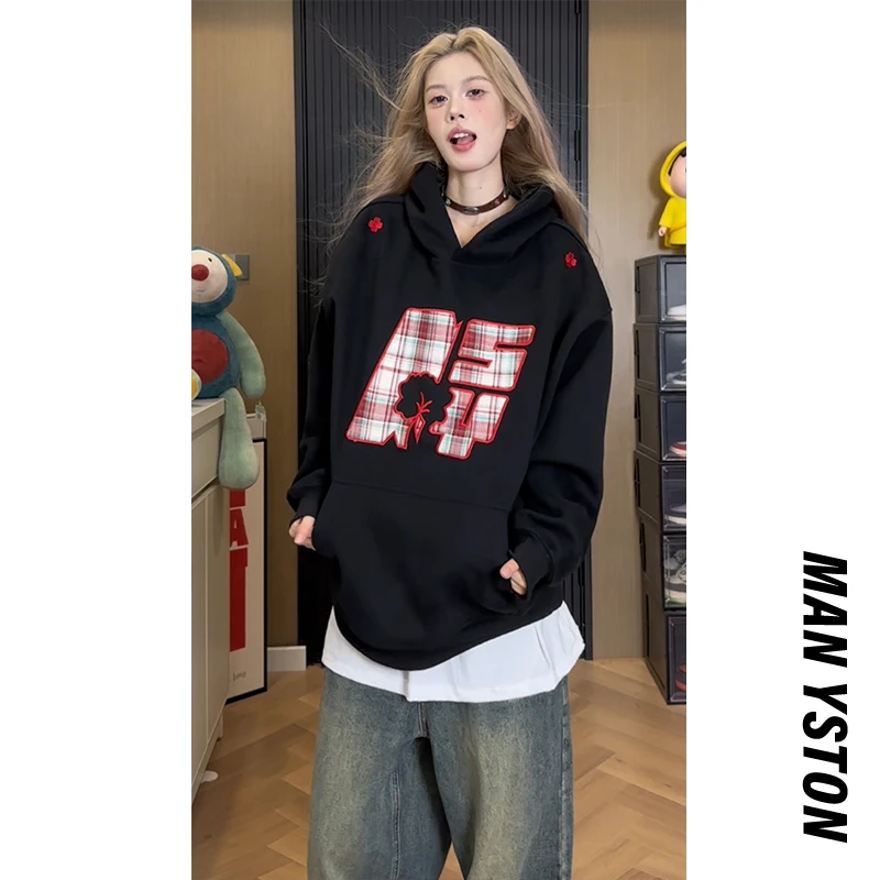 休闲宽松硬挺美式潮牌连帽卫衣春秋季国潮高街情侣装上衣外套复古