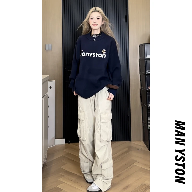 美式高街圆领毛衣外套休闲冬季潮牌慵懒风情侣装针织衫百搭复古