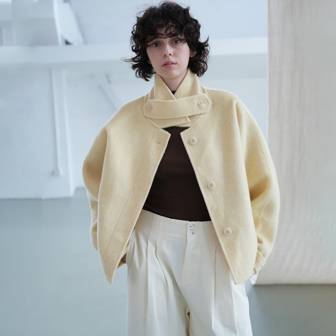 24AW短款双面呢羊毛蝙蝠袖立领茧型大衣外套