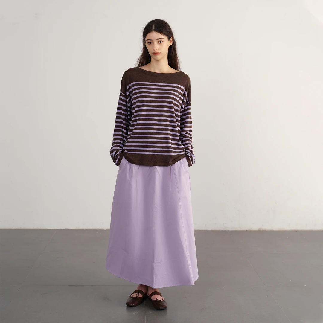 NOEND 24AW慵懒宽松休闲高级撞色条纹平领一字肩针织上衣