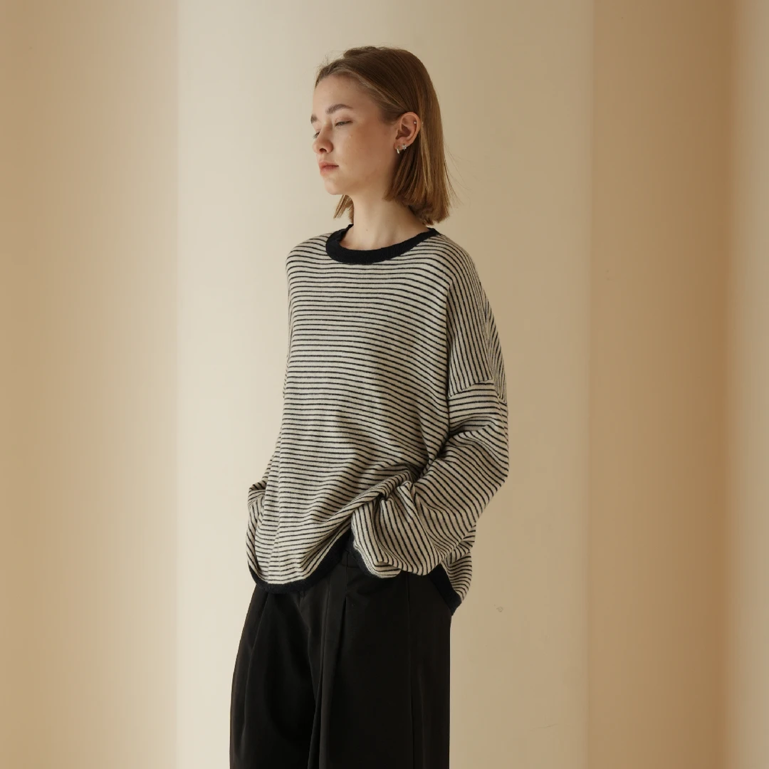 NOEND 23AW松弛感细条纹圆领上衣oversize慵懒随意宽松t恤