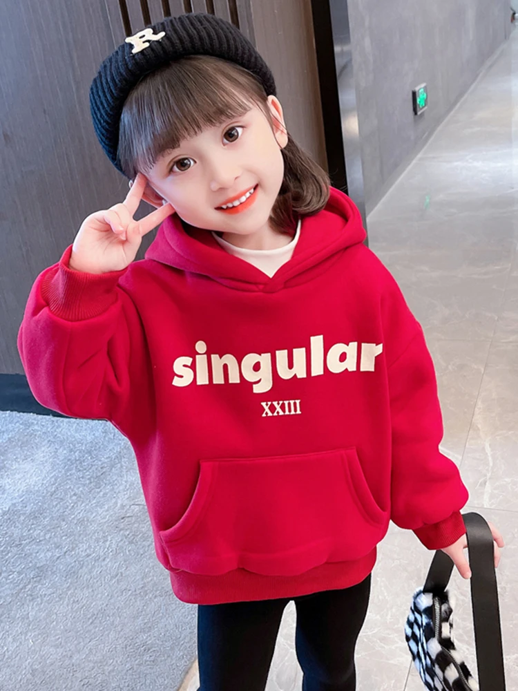 女童卫衣秋冬2023新款儿童炸街加绒红色连帽上衣洋气宝宝加厚外套