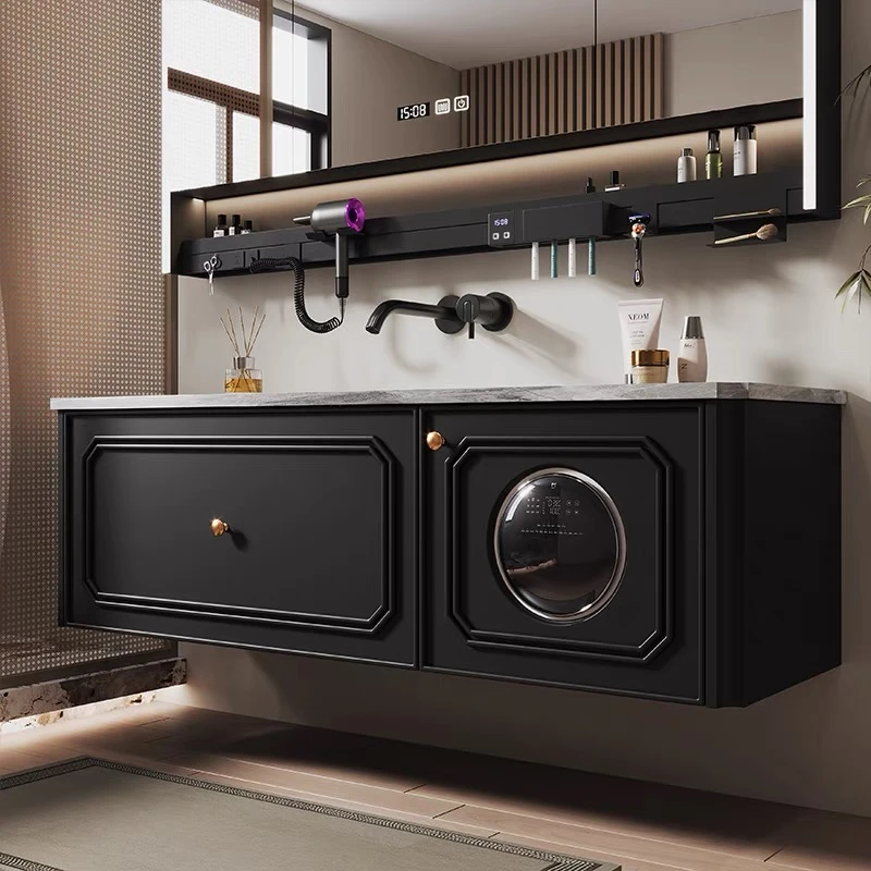 法式复古橡木烤漆岩板热弯一体无缝盆卫生间洗脸洗手池浴室柜组合