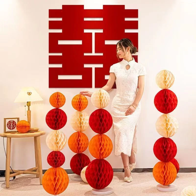 结婚蜂窝球立柱新款伸缩杆支架套装婚房装饰布置新娘拍照道具用品