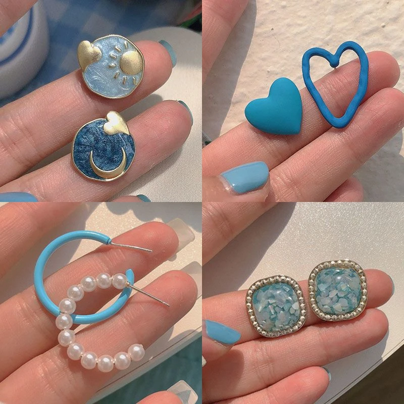 合金耳饰 蓝色星球月亮耳钉~小众设计ins甜美耳环女新款潮耳饰