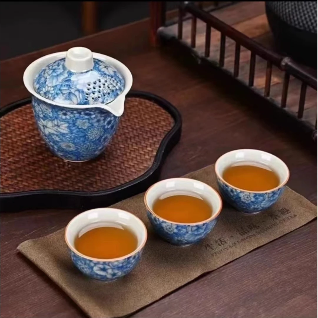 陶瓷快客杯功夫茶具一壶三杯便携式旅行泡茶茶壶百花复古套装