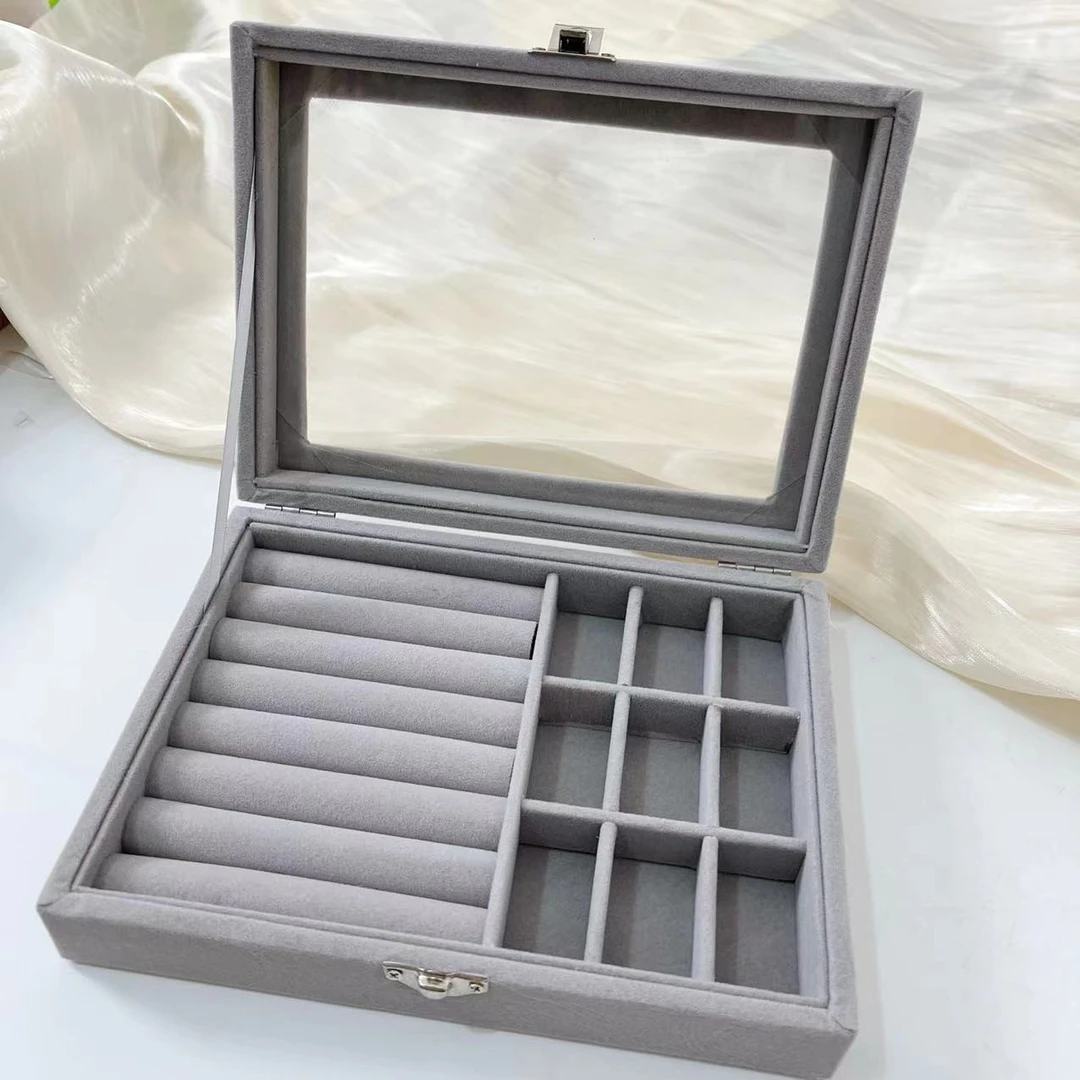 首饰盒/箱 高级感大容量绒布首饰盒戒指耳环项链防氧化分格收纳盒