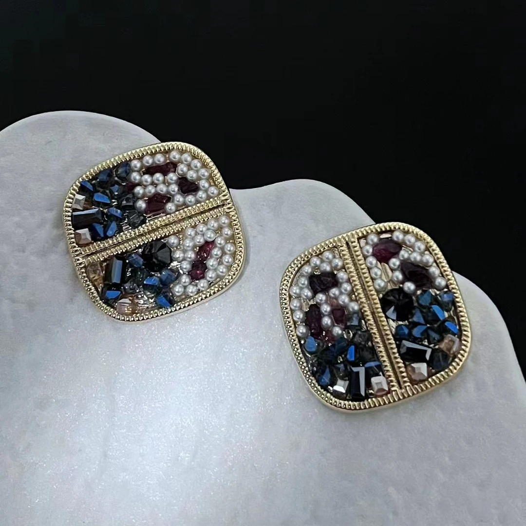 铜合金耳饰 复古风撞色小方块耳钉方形高级感耳环气质女r883