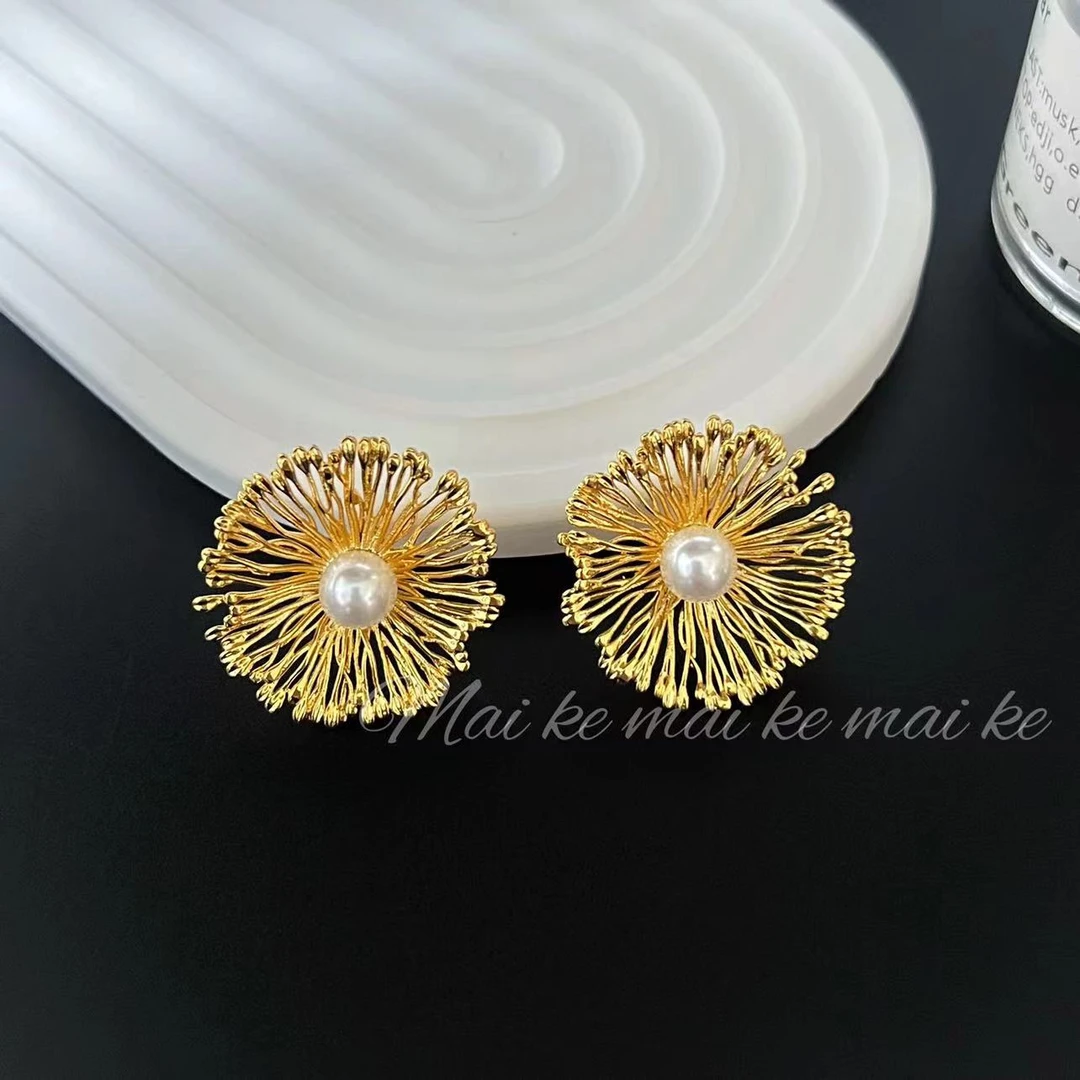 铜合金耳饰 璀璨烟花法式冷淡风金属花朵女耳环耳钉重工耳饰r814