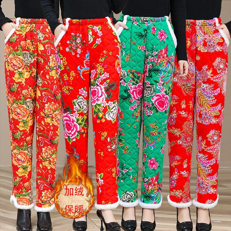 中国风东北大花棉裤女冬季加绒加厚保暖休闲碎花棉裤