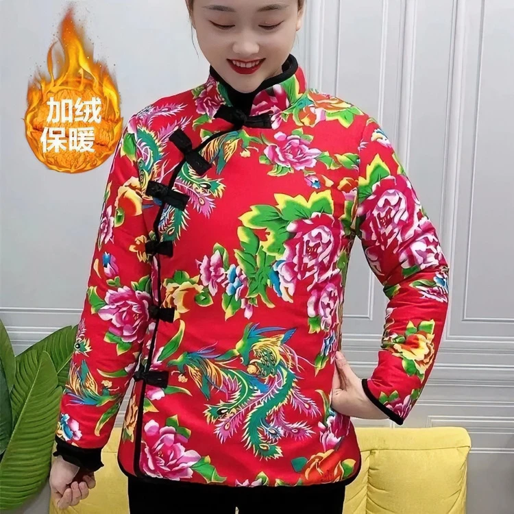 东北大花棉袄复古中国风加绒加厚棉衣外套过年花棉服