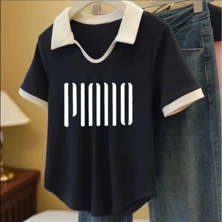 2024新款撞色polo领短袖t恤夏季正肩宽松设计感小众上衣