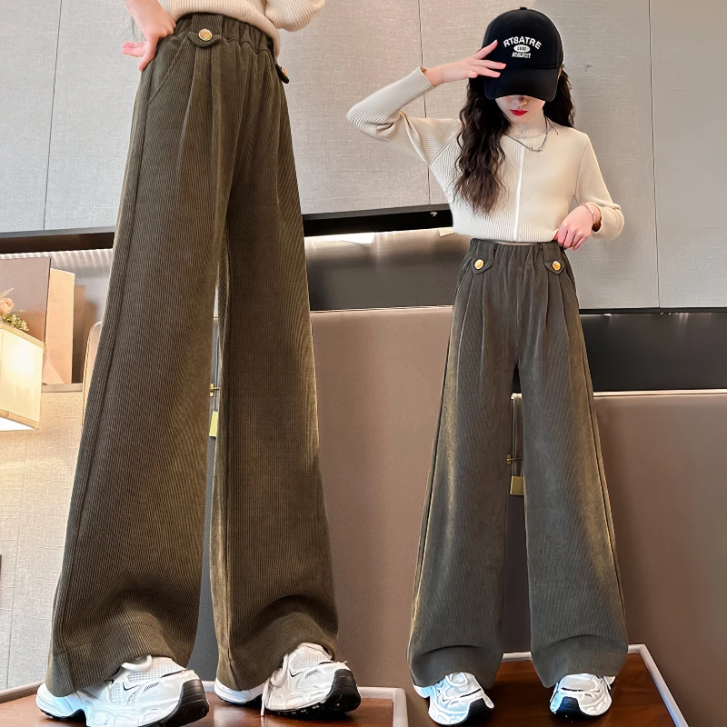 女童阔腿裤秋冬新款6-12岁15岁中大童直筒休闲加绒加厚一体绒裤子