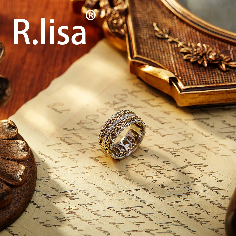 18K金意大利三色编织金钻石戒指欧美复古时尚重工精工指环宽版