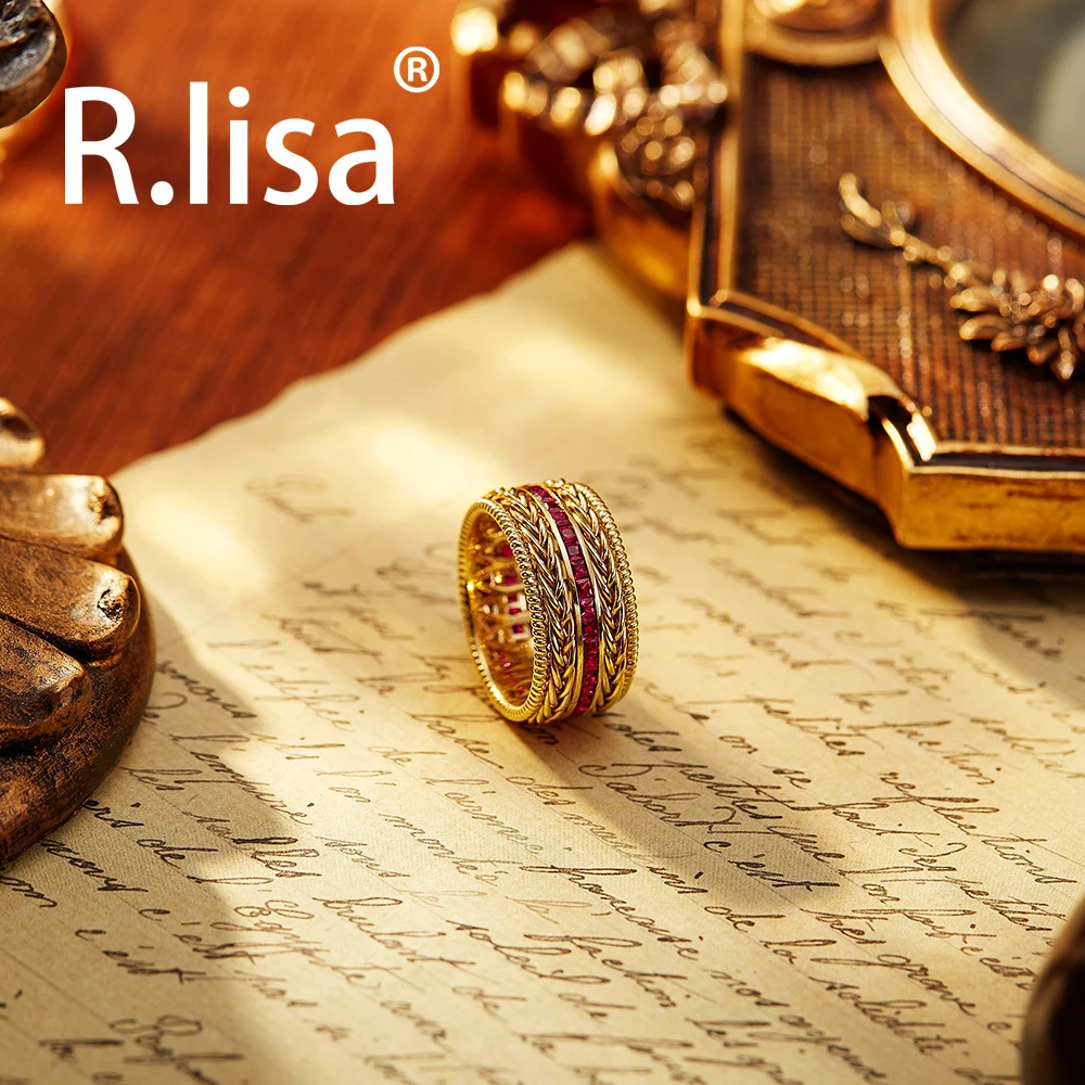 18K金红宝石三色编织金戒指欧美复古高级时尚戒指重工厚金宽版