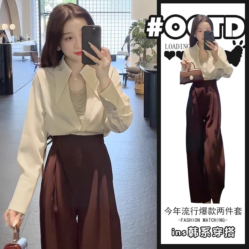 轻奢高级感阔腿西装裤女+设计感气质v领衬衫美式别致显气质套装女