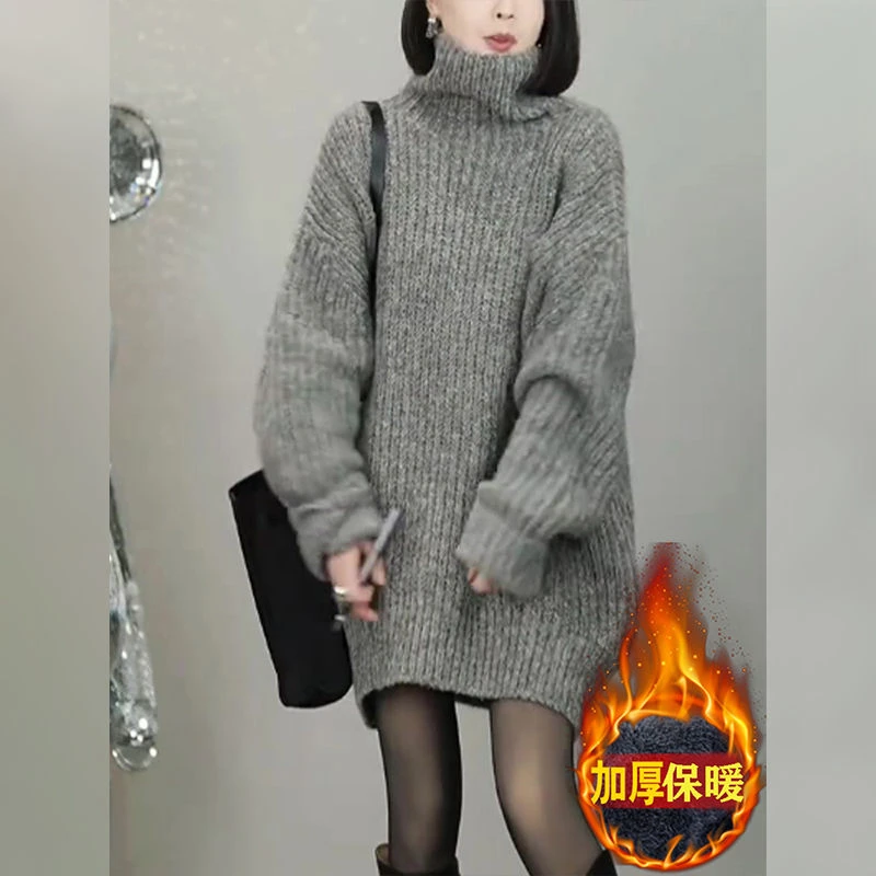 欧货高级感灰色高领毛衣女加厚冬季新款宽松大版中长款慵懒风上衣