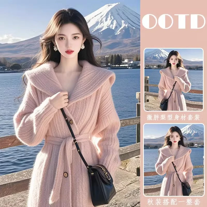 高级感气质小香风粉色翻领针织外套2025春季慵懒风韩系设计感外套