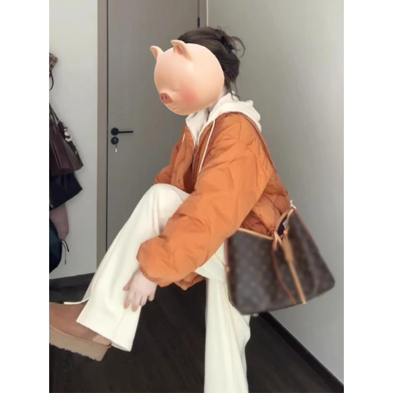 南瓜橘色菱格短款棉衣棉服女秋冬加厚保暖宽松韩版小个子棉袄外套