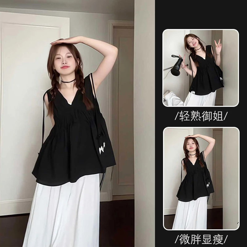 冷淡风盐系时尚套装女夏季2024新款韩系V领系带衬衫阔腿裤两件套