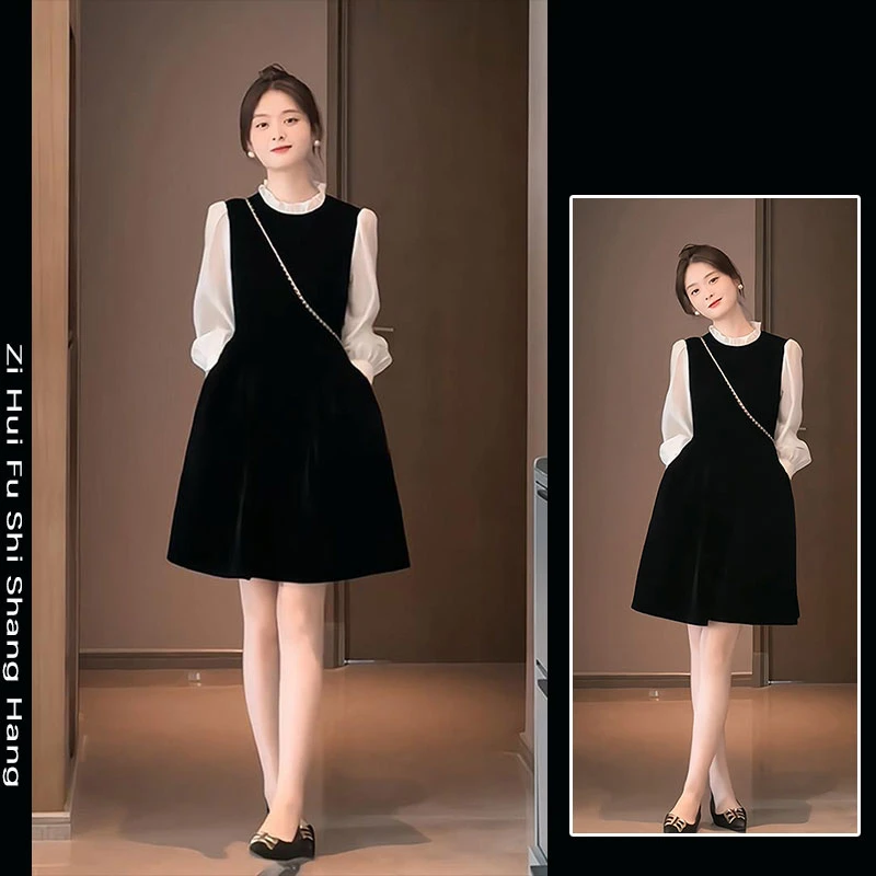 秋季穿搭高级感小个子法式长袖金丝绒连衣裙拼接超好看绝美小裙子