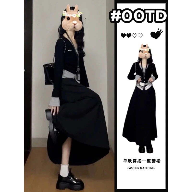 2024早秋穿搭一整套独特绝美连衣裙子女初秋假两件针织衫两件套装