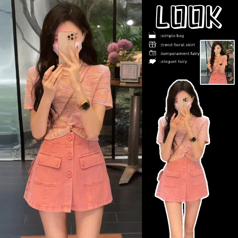 时尚甜美网红炸街套装女夏季设计感洋气短款针织上衣高腰牛仔裙裤