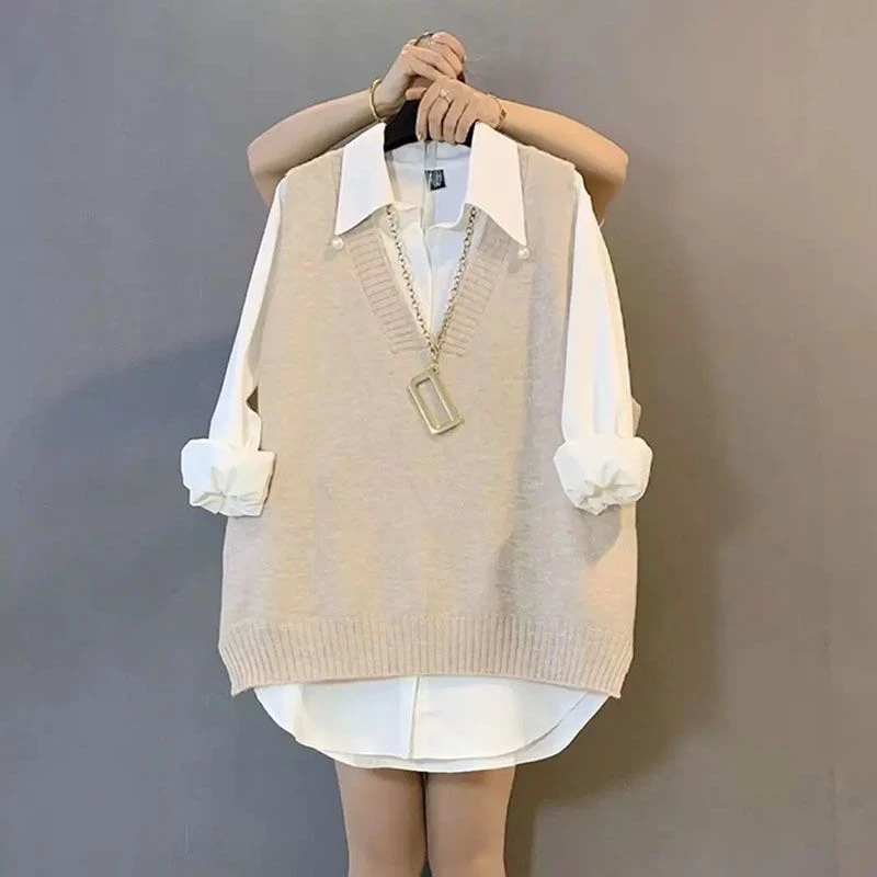 胖妹妹大码女装冬季新款钉珠衬衫百搭针织衫马甲简约时尚两件套潮