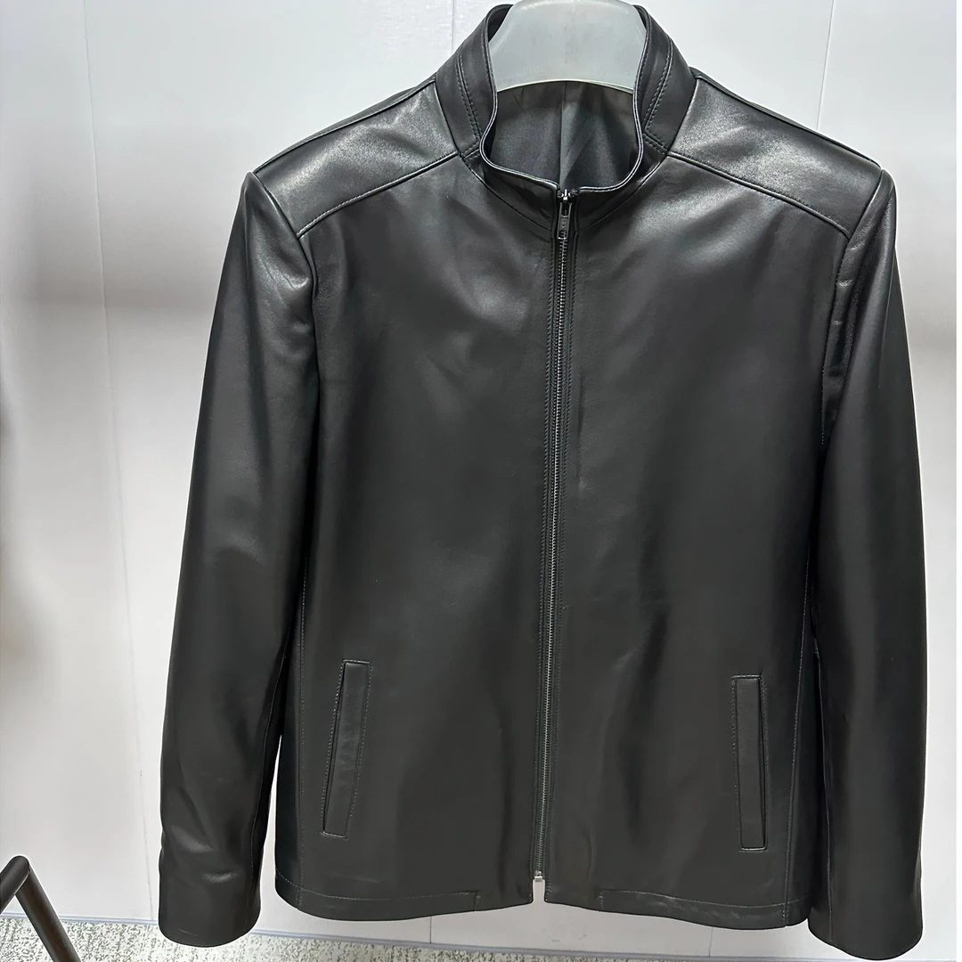 男士秋冬新款绵羊皮真皮皮衣时尚短款立领休闲商务外套百搭黑色