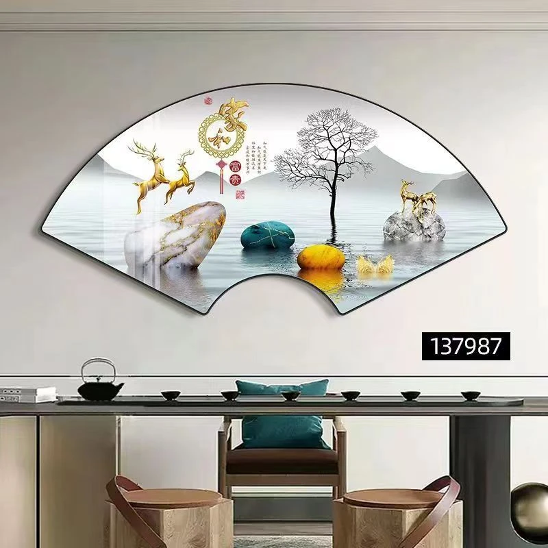新中式餐厅扇形装饰画现代客厅挂画高档轻奢福禄餐桌背景墙壁画
