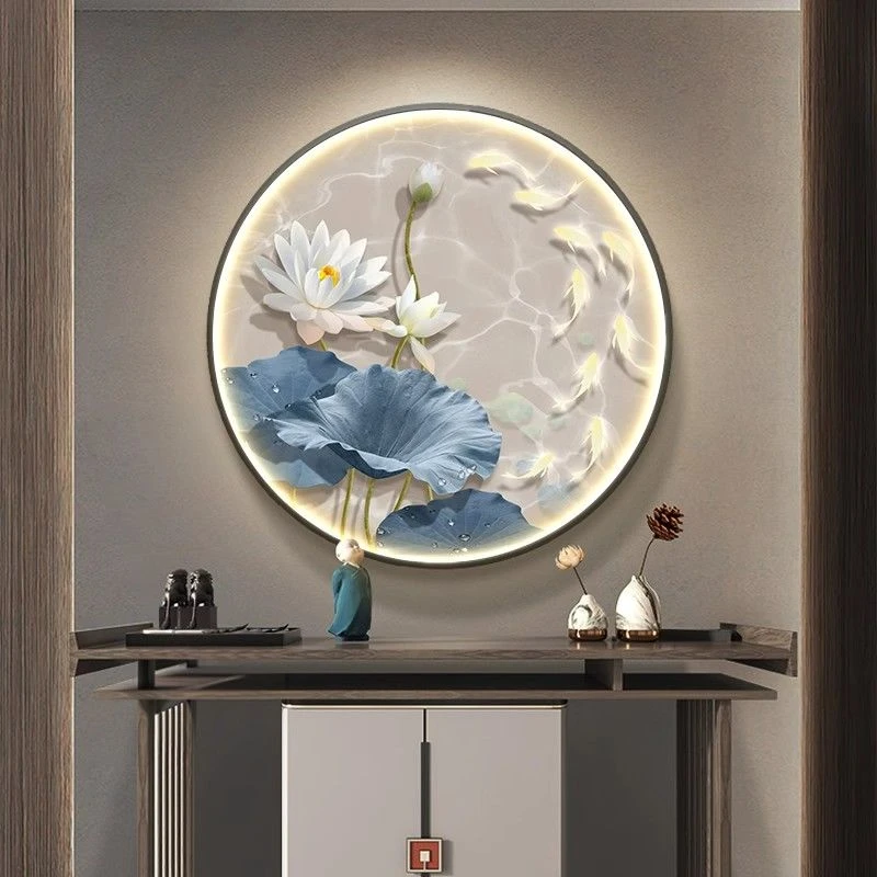 荷花九鱼图现代简约玄关装饰画客厅入户门壁灯画走廊过道高档挂画