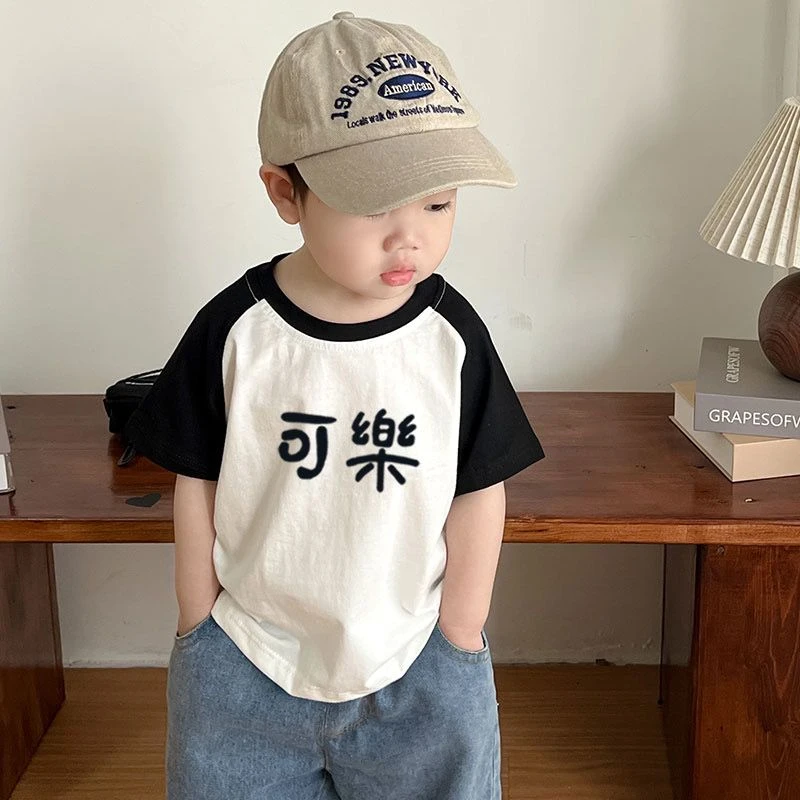 儿童短袖T恤男女童2023夏薄新款中小童洋气上衣宝宝拼色打底衫潮T