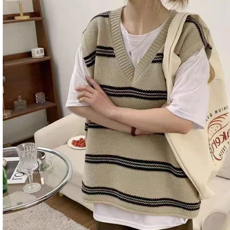 条纹无袖马甲针织时尚休闲百搭宽松韩版春秋复古外穿学院风马夹