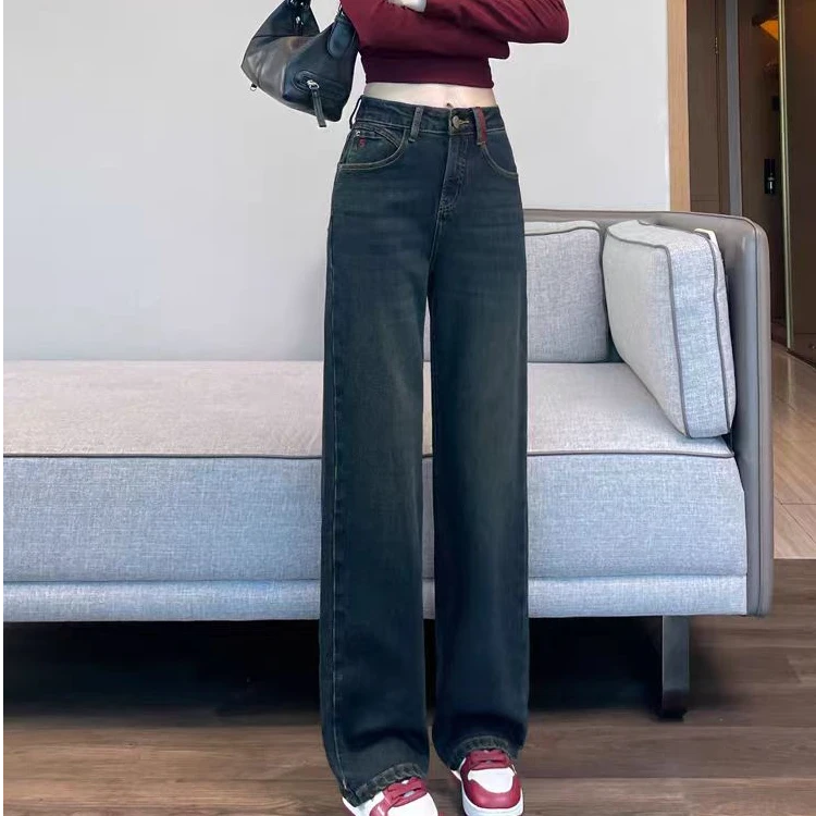 6622显瘦高腰牛仔裤加绒加厚直桶裤时尚休闲百搭复古宽松秋冬