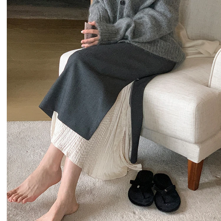 秋冬高腰包臀设计感侧开衩直筒裙拼接显瘦半身裙长款灰色时尚裙子