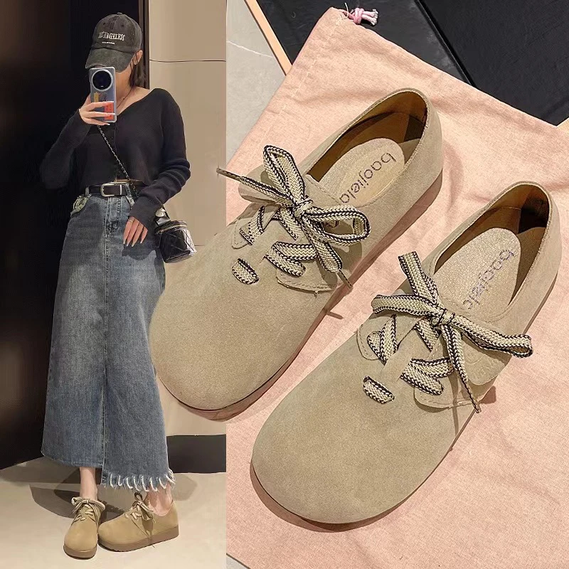 法式复古反绒㪍肯秋季夏季新款圆头系带百搭软底休闲时尚奶奶鞋