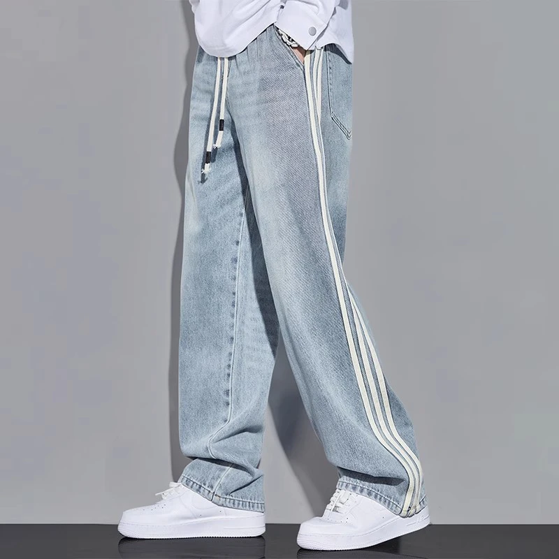秋季新款水洗条纹阔腿牛仔裤男士三条杠高街宽松直筒阔腿裤春秋男