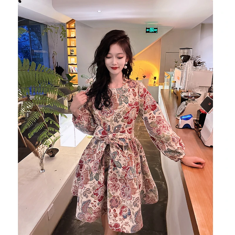 【牡丹花】连衣裙韩版时尚冬款加厚显瘦碎花气质收腰收腰泡泡袖