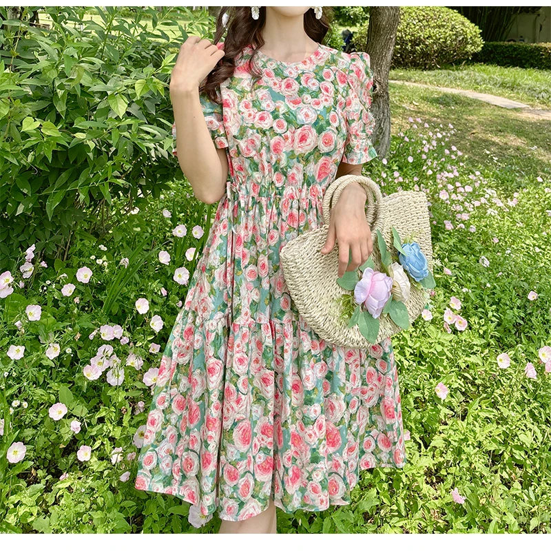 【浪漫玫瑰3.0】夏季款韩系连衣裙女装连衣裙显瘦气质收腰泡泡袖