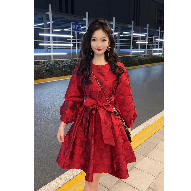 【新禧】连衣裙韩版显瘦碎花气质收腰收腰泡泡袖新年红色战袍春秋