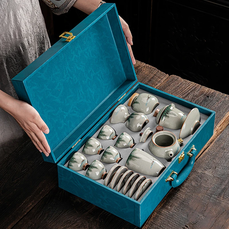 手绘哥窑功夫茶具套装家用轻奢高档手把壶盖碗杯礼盒装中秋节送礼